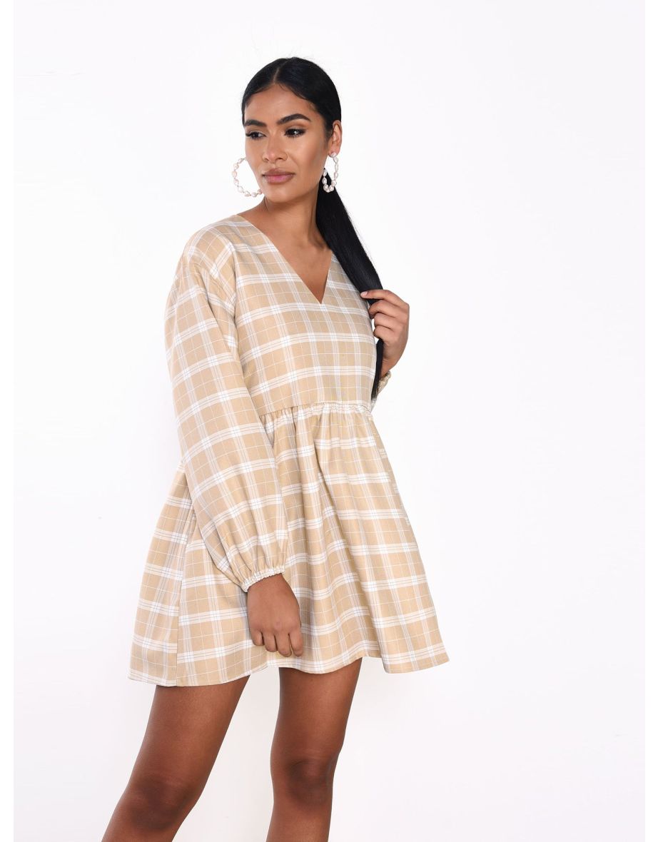 Glamorous Stone Cream Check V- Neck shift Dress - 2