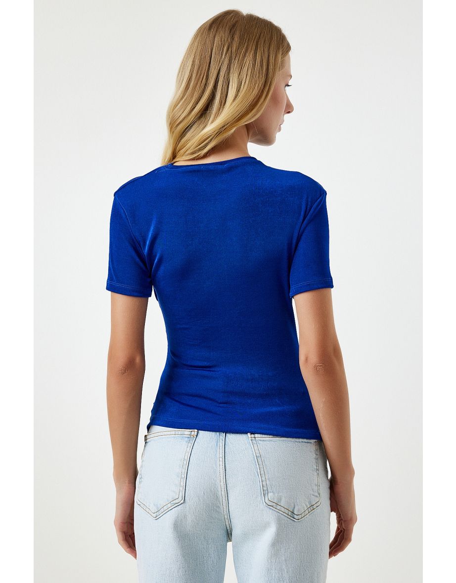 Women's Blue Gathered Detailed Viscose Blouse - 4