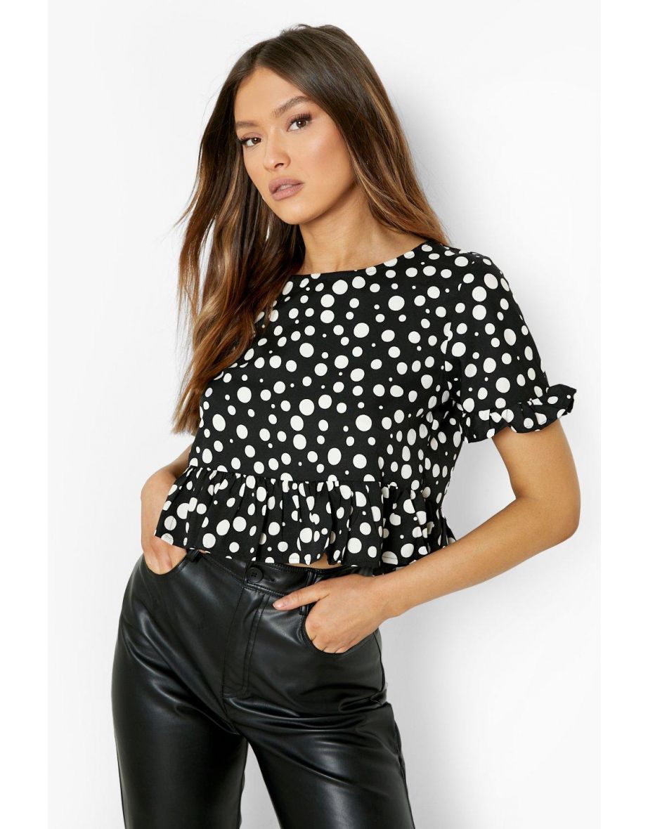 Woven Polka Dot Peplum Top - black - 3