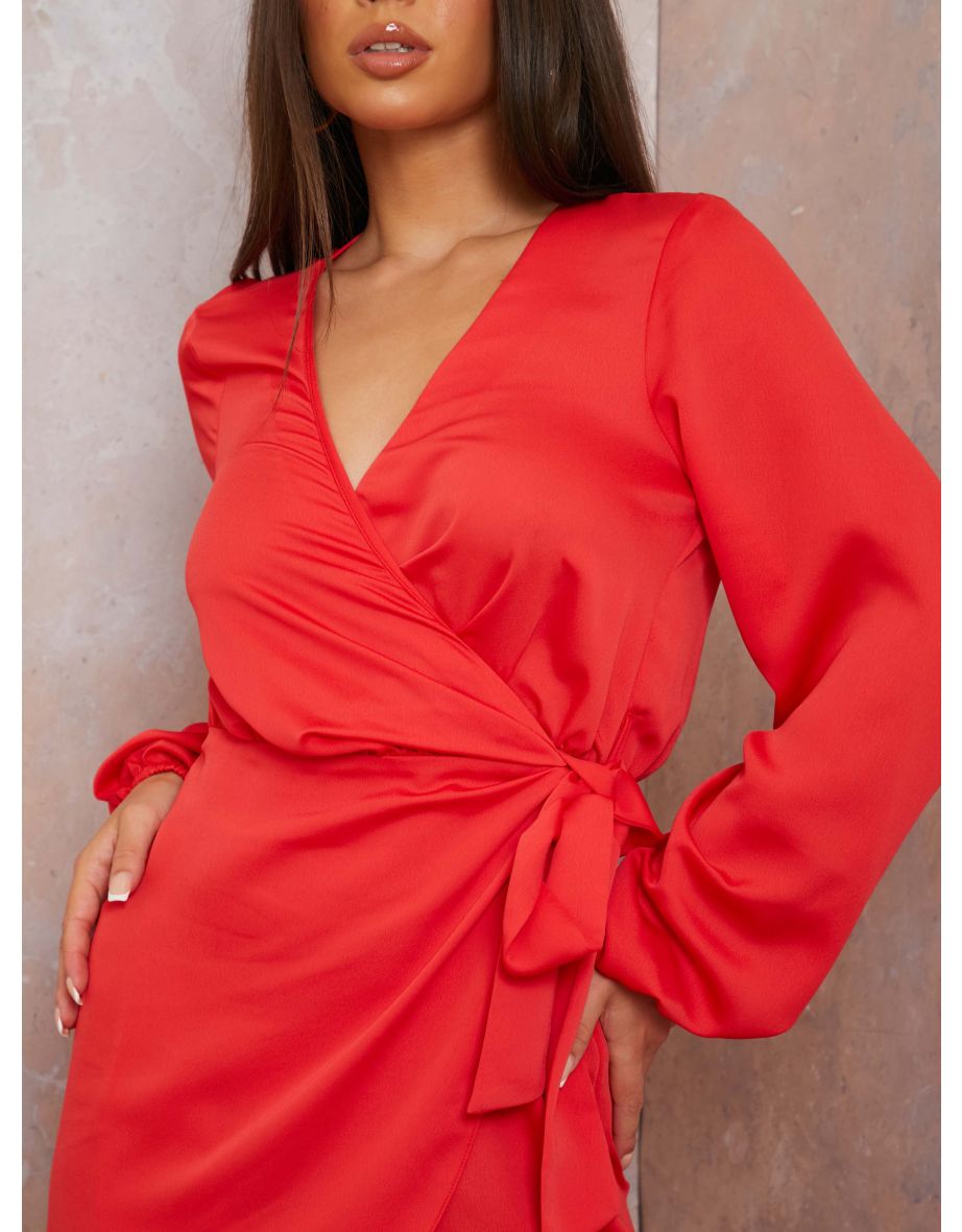 Long Sleeve Satin Wrap Mini Dress in Red - 3