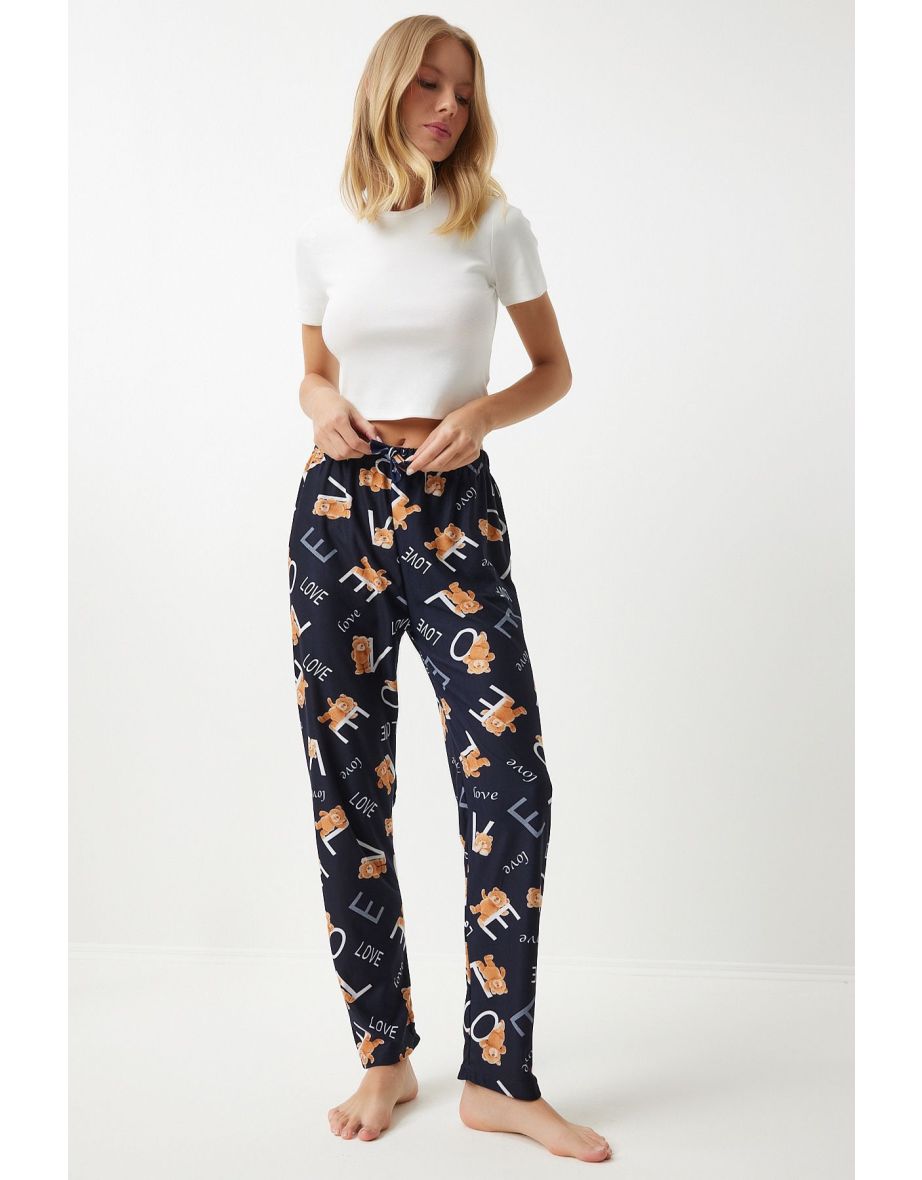 Women's Vivid Black Patterned Soft Textured Knitted Pajamas