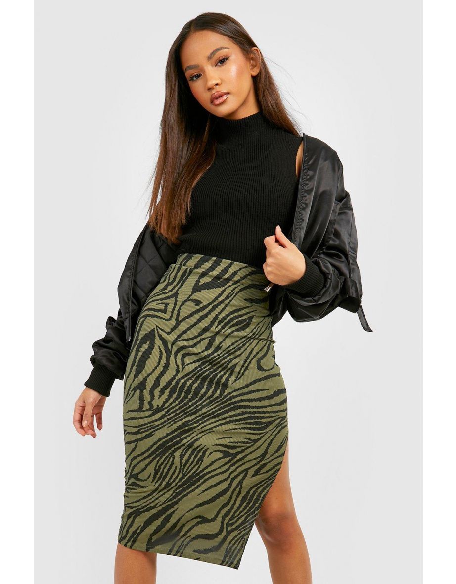 Khaki Zebra Print Rib Side Split Midi Skirt - khaki - 3