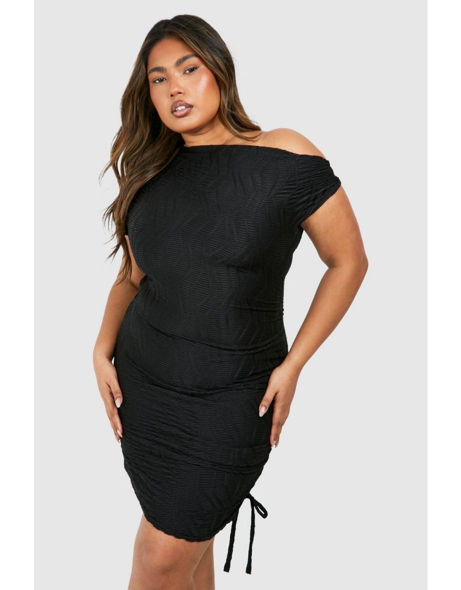 Plus Slash Neck Textured Rib Mini Dress - black