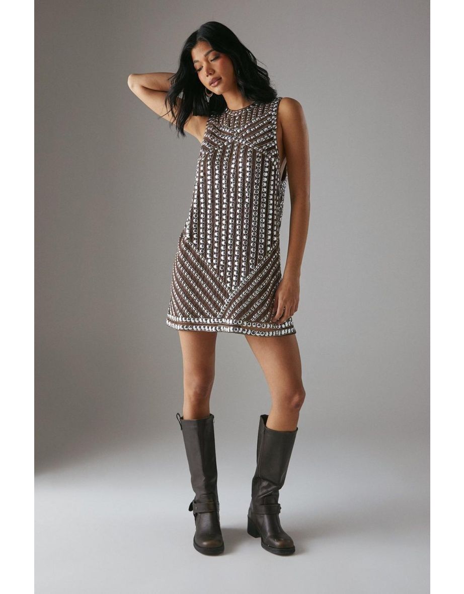 Hand Embellished Sequin Stud Drop Armhole Vest Mini Dress