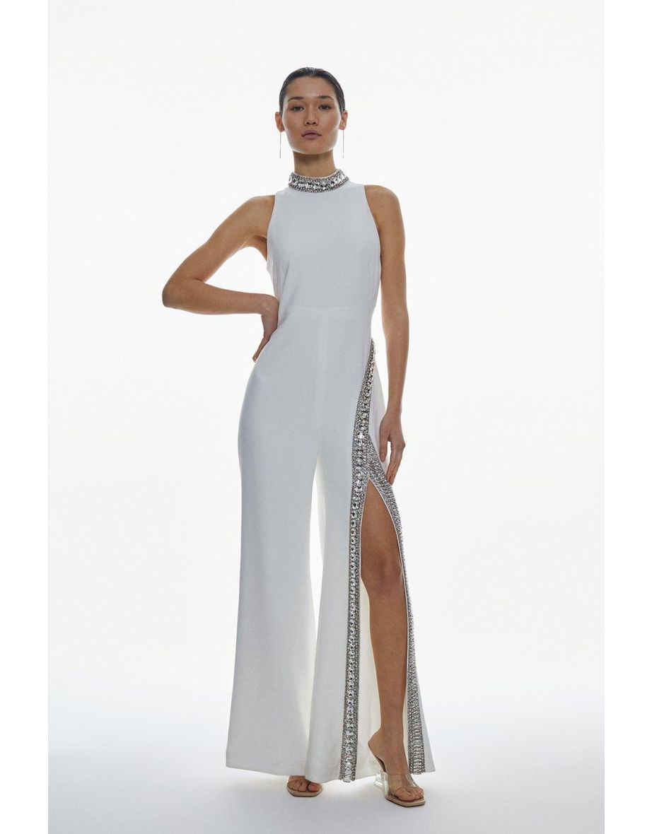 Tall Crystal Embellished Woven Thigh Split Jumpsuit