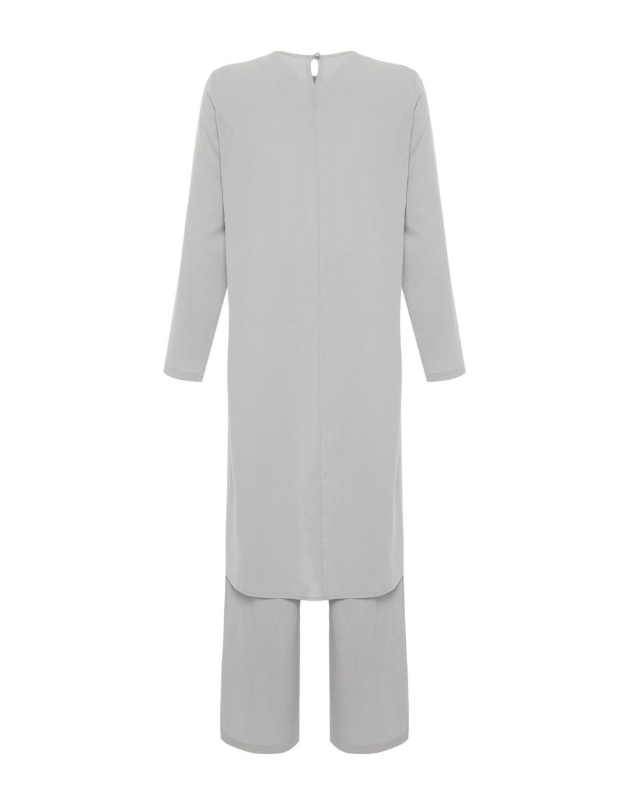 Gray Asymmetrical Woven Tunic Trousers Top and Bottom Set - 7
