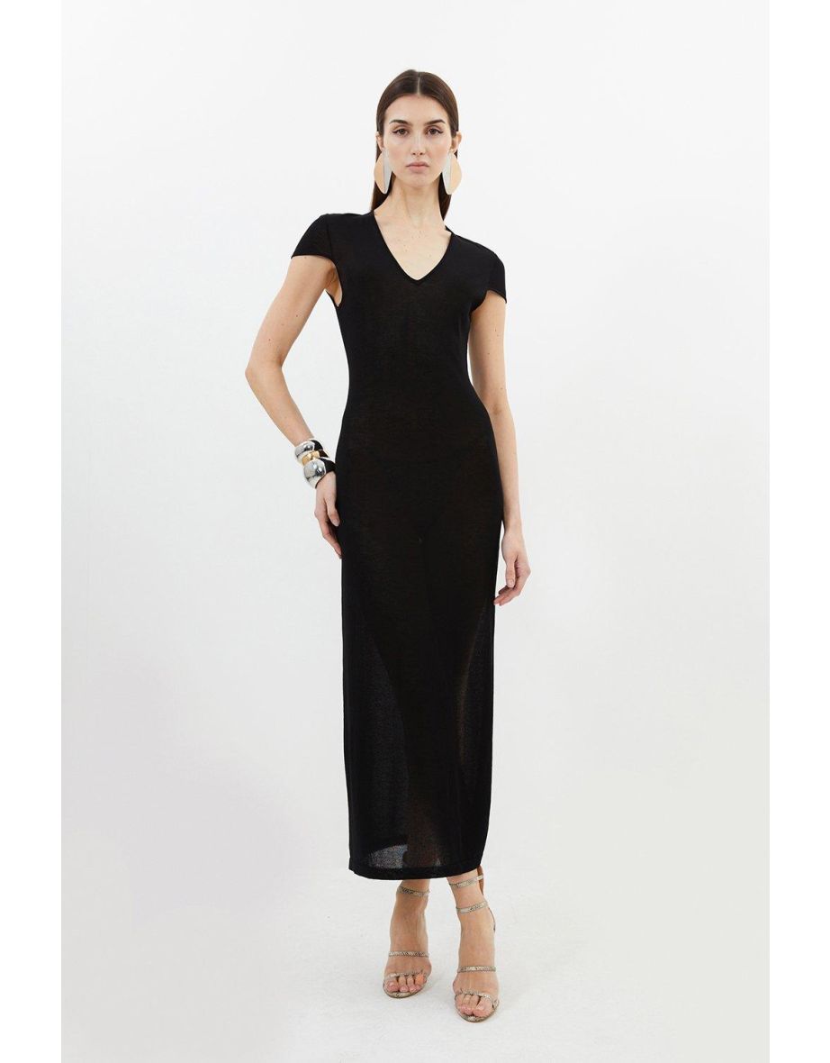 V Neck Cap Sleeve Summer Knit Column Dress