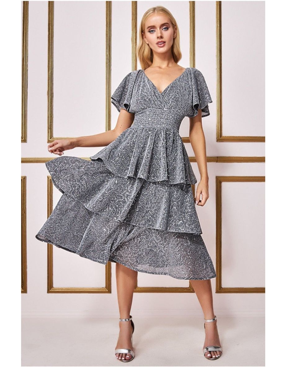 Goddiva Sequin Lurex Tiered Midi Dress - Silver