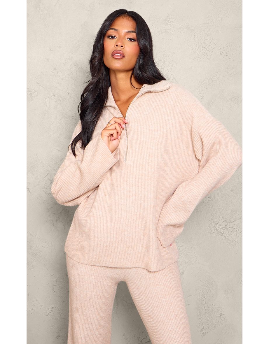 Tall Oatmeal Rib Knit Quarter Zip Long Sleeve Jumper