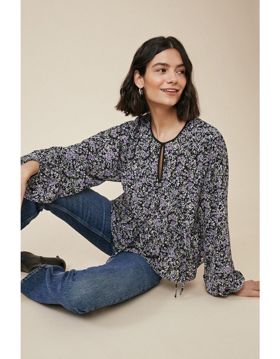 Black Ditsy Print Beaded Blouse