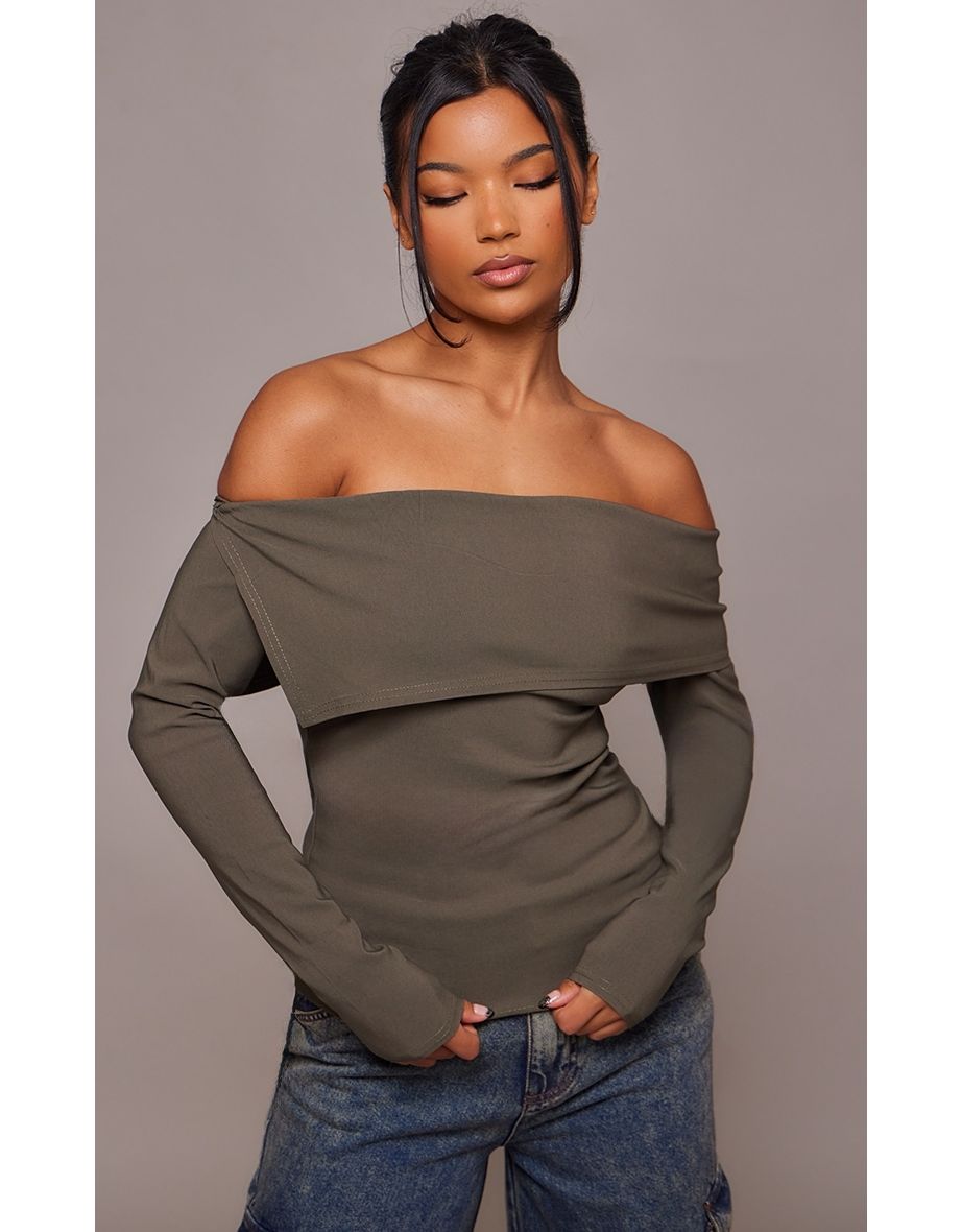 Khaki Stretch Woven Bardot Long Sleeve Top
