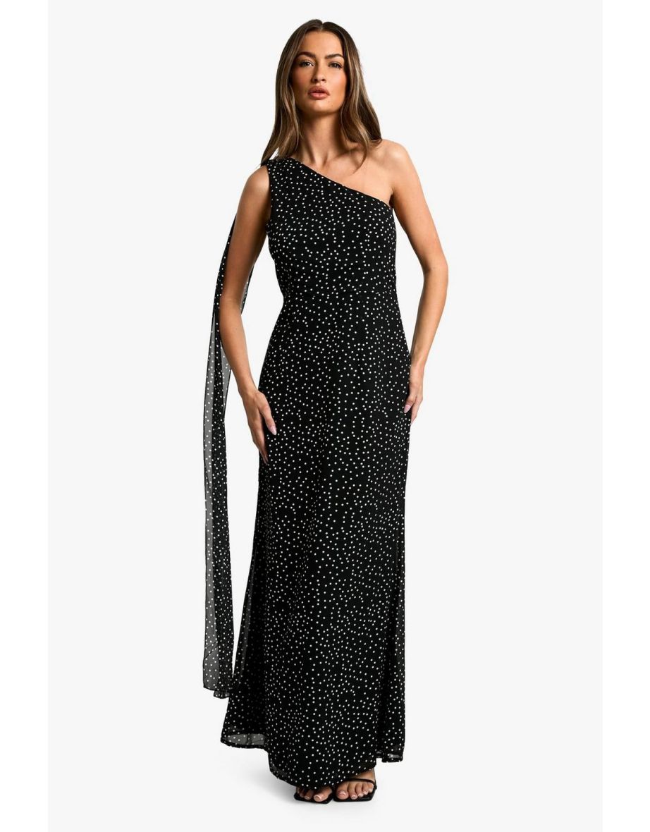 Polka Dot Chiffon Drape Maxi Dress - black