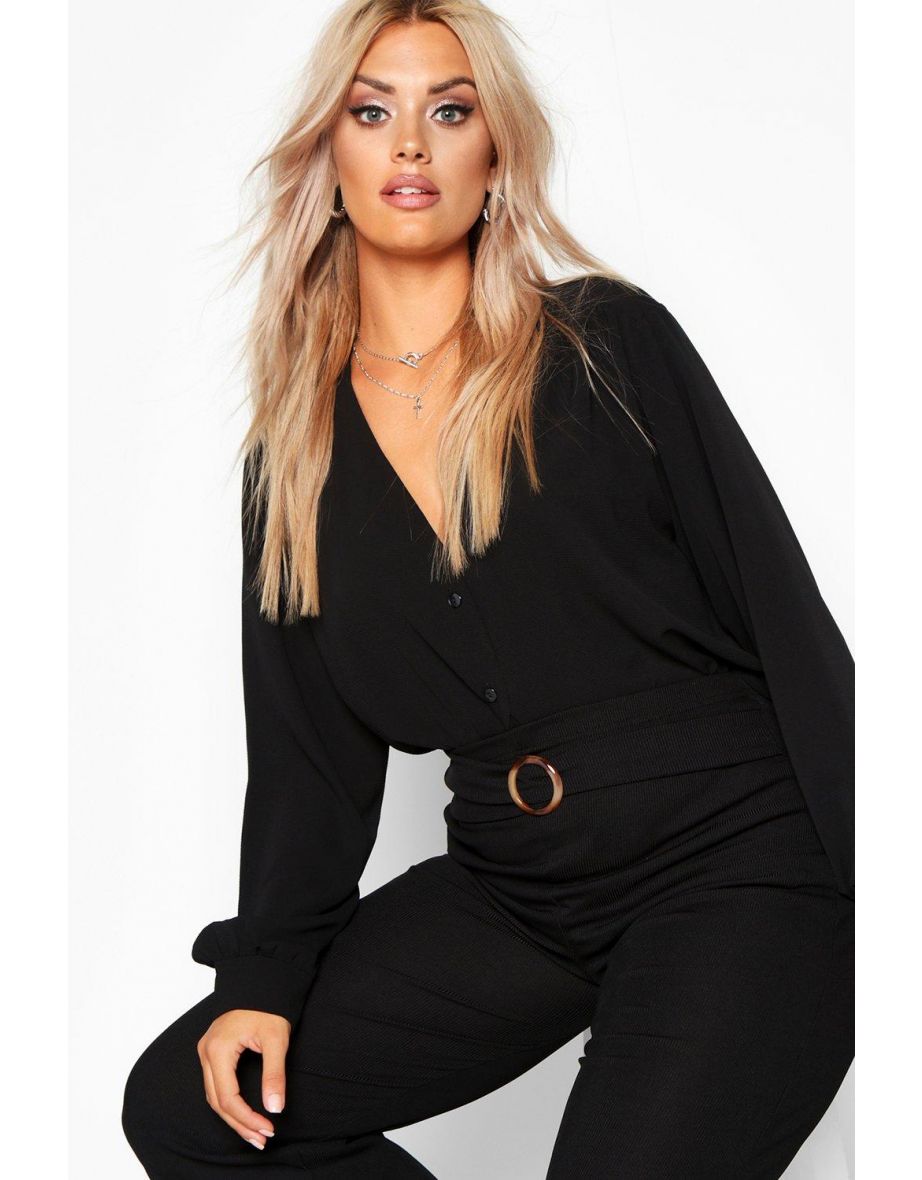 Plus Woven Button Through Collarless Shirt - black