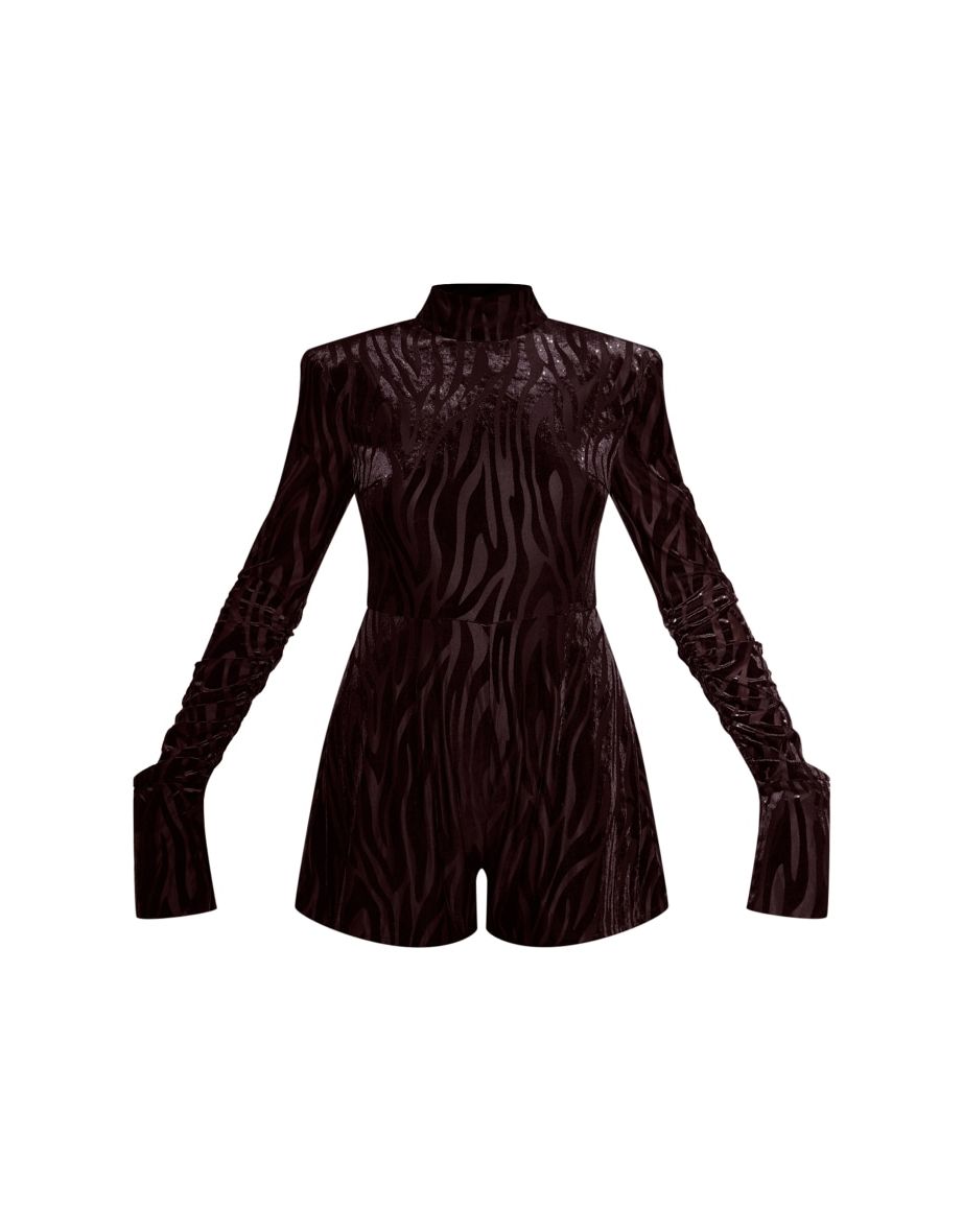 Black Zebra Velvet Devore High Neck Long Sleeve Playsuit - 4