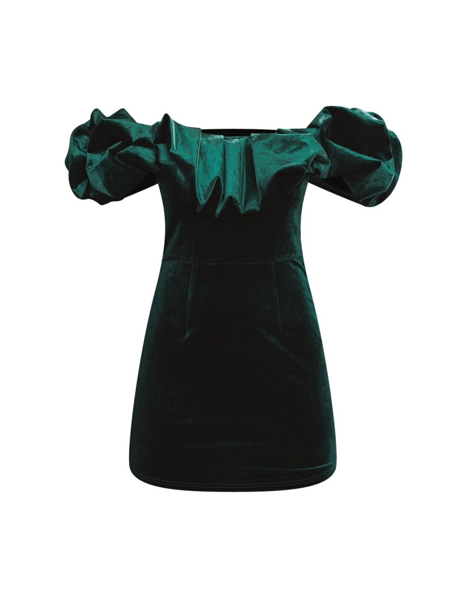 Emerald Green Velvet Bardot Ruffle Bodycon Dress - 4