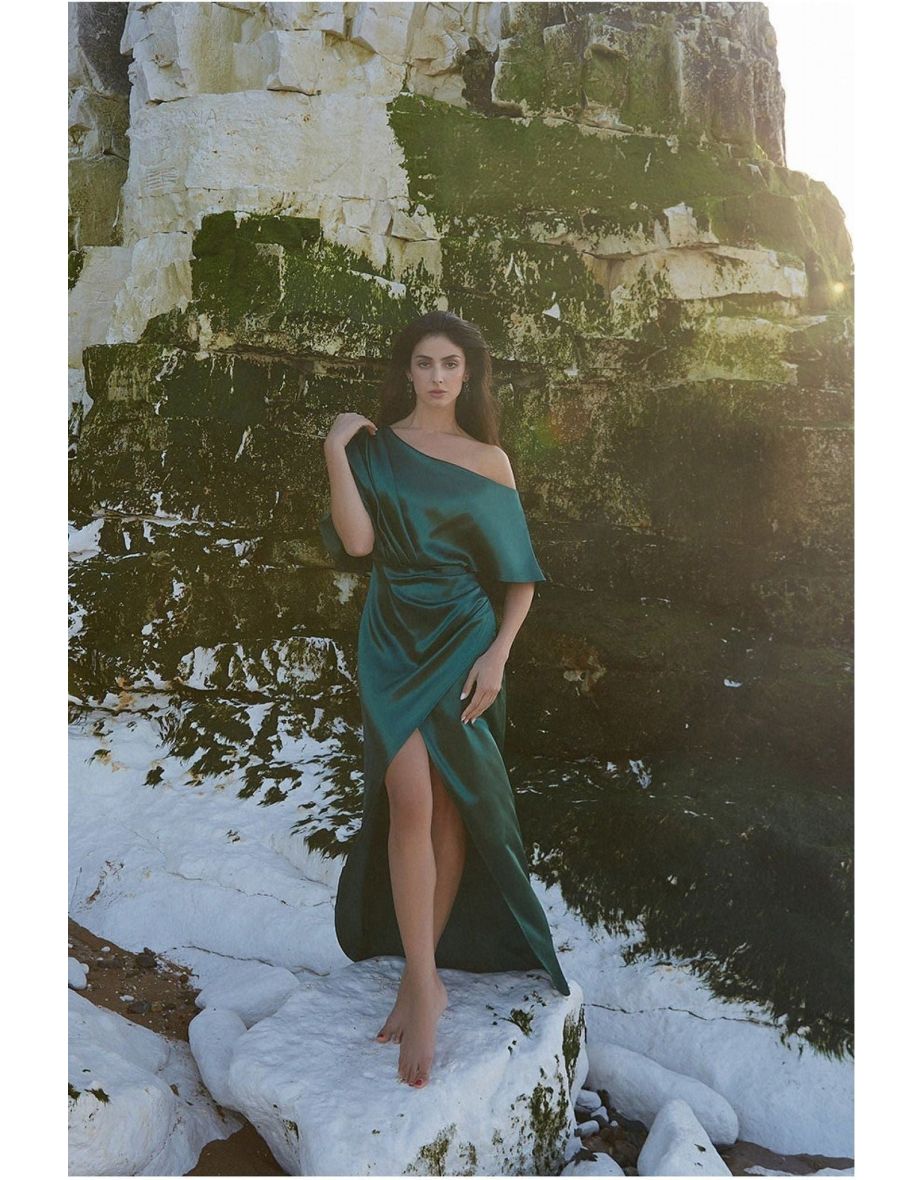 Goddiva Satin Drape Shoulder Wrap Maxi Dress - Emerald Green