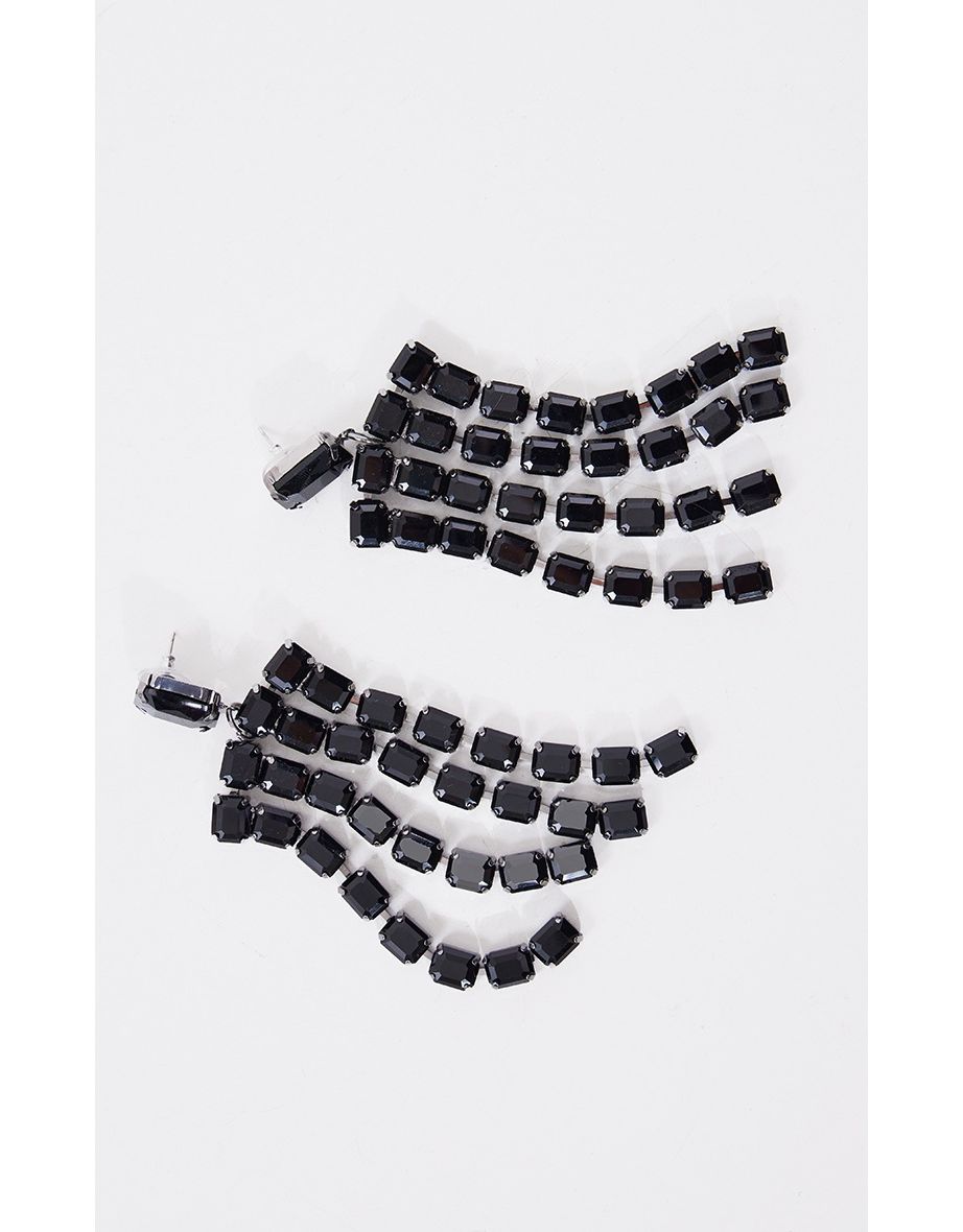 Black Diamante Oversized Tassel Earrings - 2