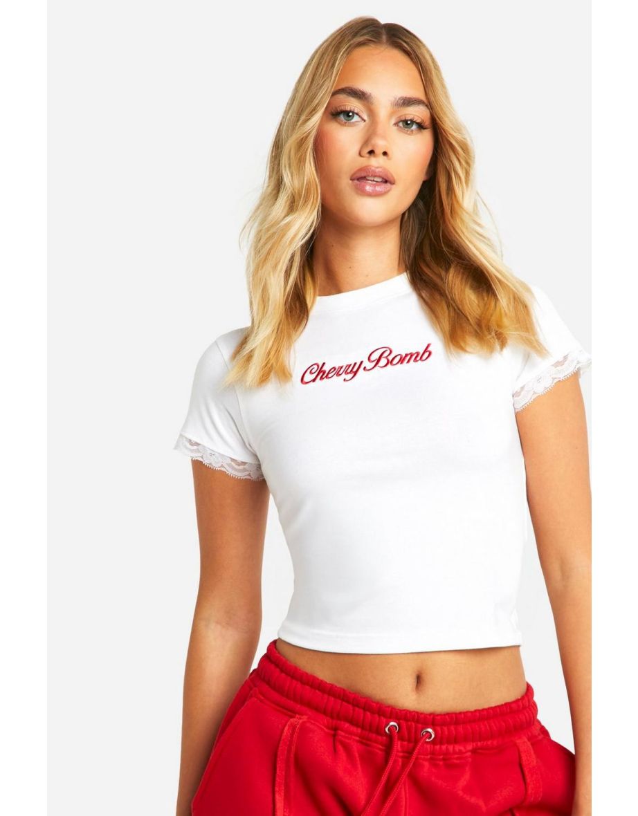 Cherry Bomb Lace Trim Baby Tee And Exposed Seam Jogger Set - red - 3
