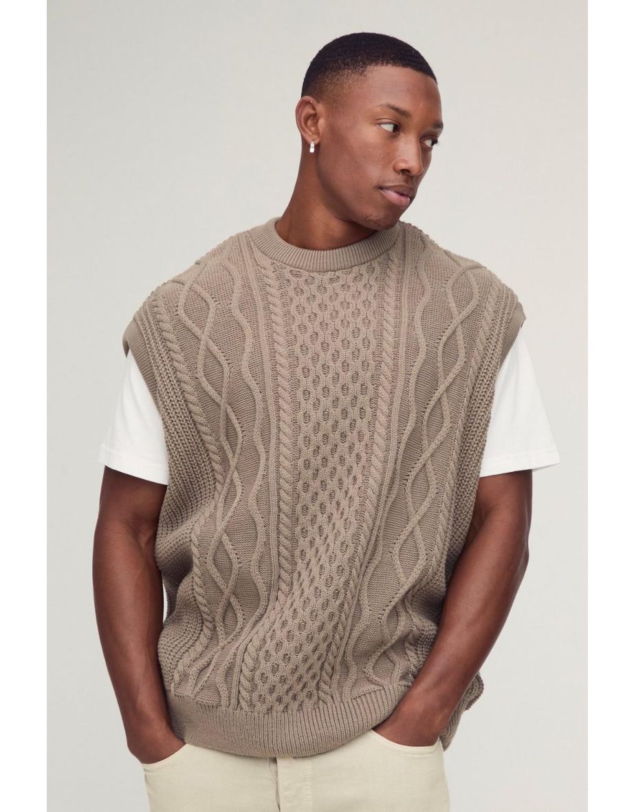 Oversized Crew Neck Cable Knitted Vest - light brown