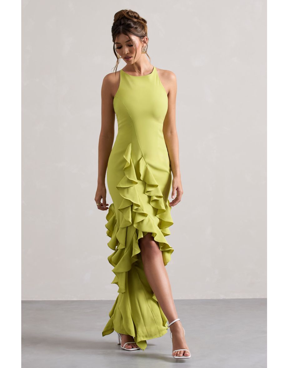 Sommer | Lime Green Racer-Neck Ruffle Maxi Dress - 4