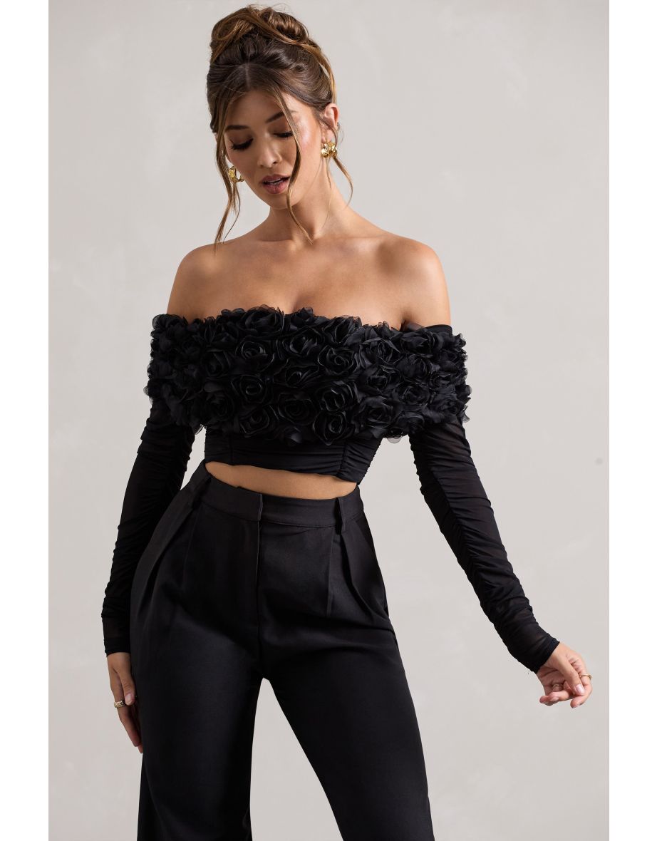 Libbie | Black Mesh Floral Bardot Top - 4