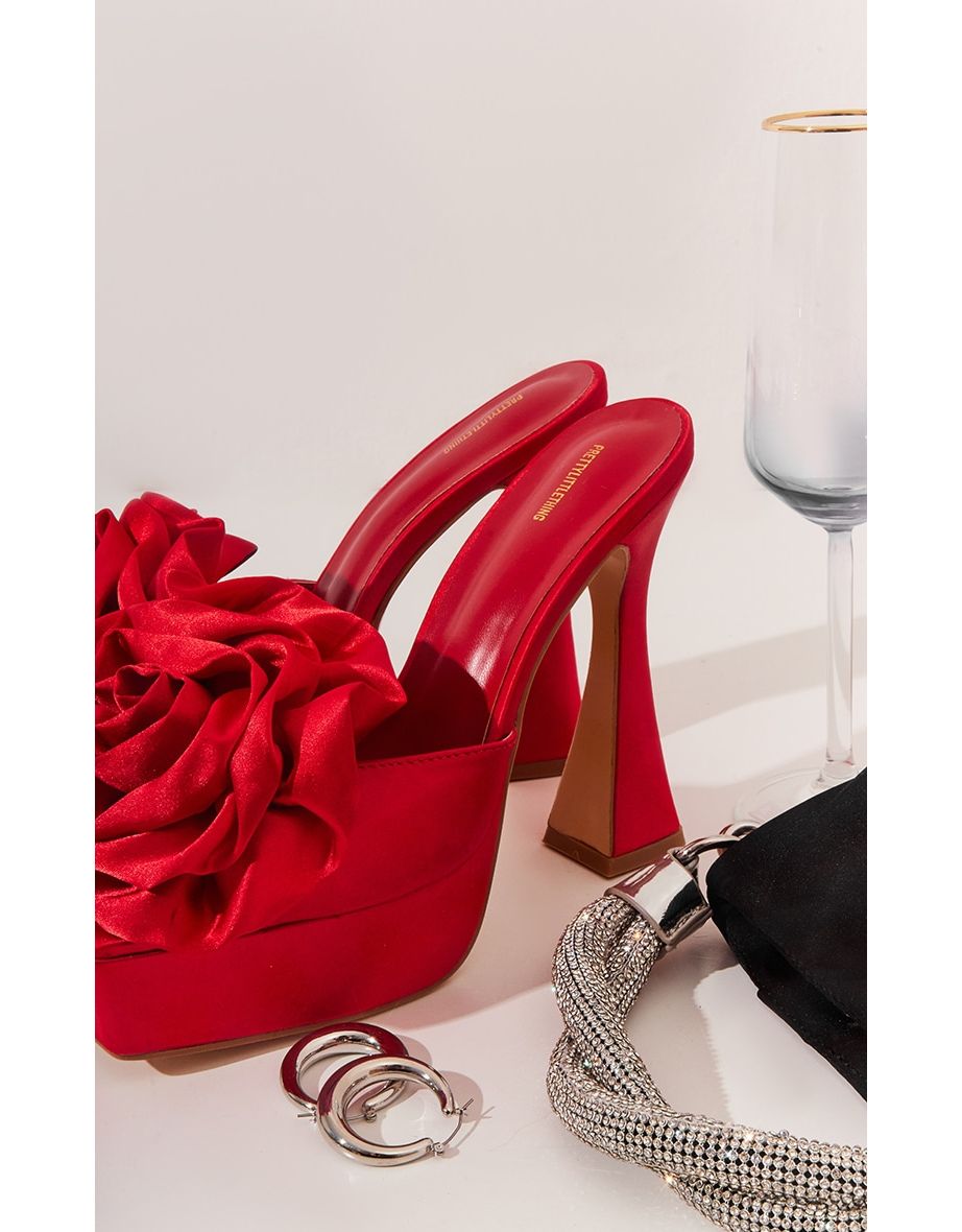Red Satin Square Toe Corsage High Heeled Platform Sandals - 3