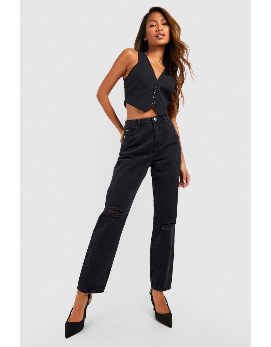High Waisted Ripped Knee Mom Jeans - black