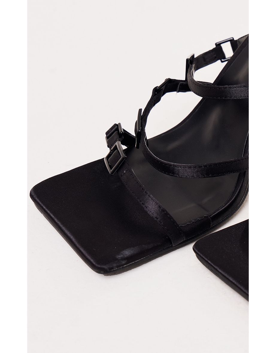 Black Satin Square Toe Triple Buckle Mid Heeled Sandals - 3