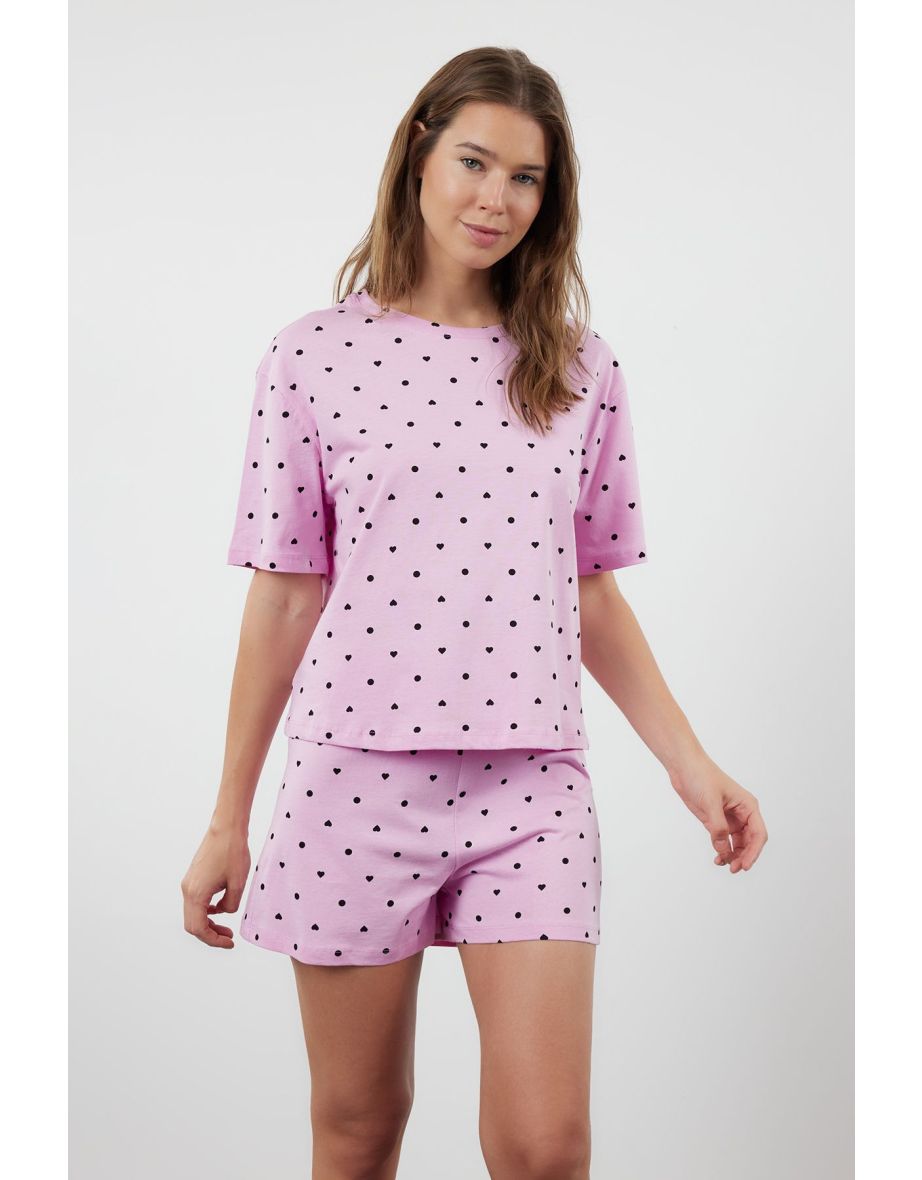 Pink 100% Cotton Heart Patterned T-shirt-Shorts Knitted Pajama Set