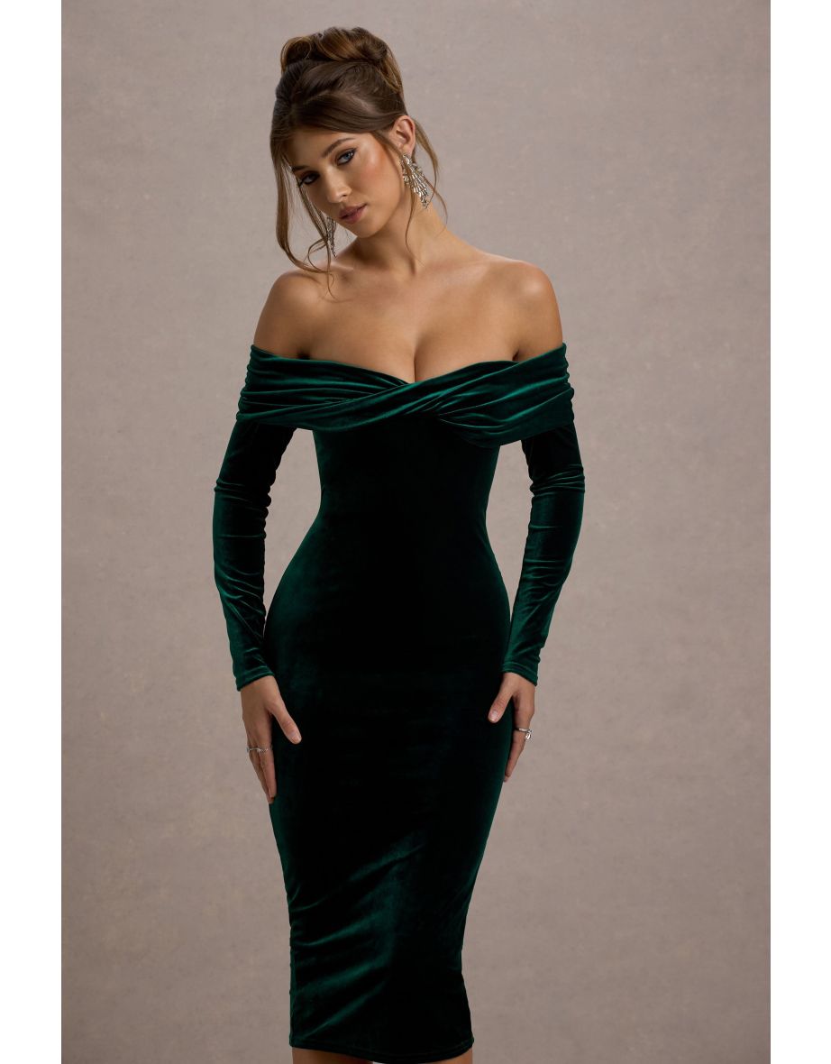 Compliment | Bottle Green Velvet Bardot Midi Dress - 5