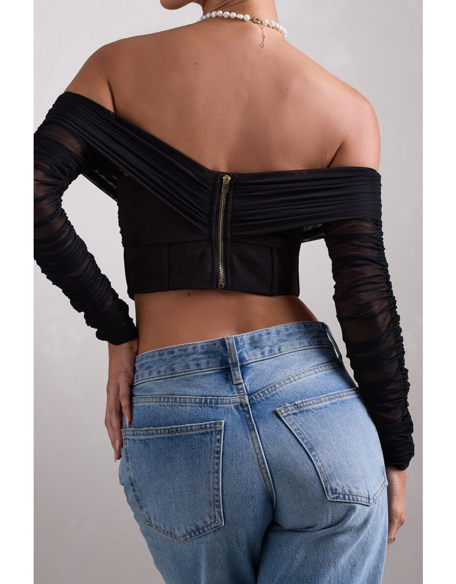 Dramatic | Black Sheer Bardot Long-Sleeved Corset Top - 4