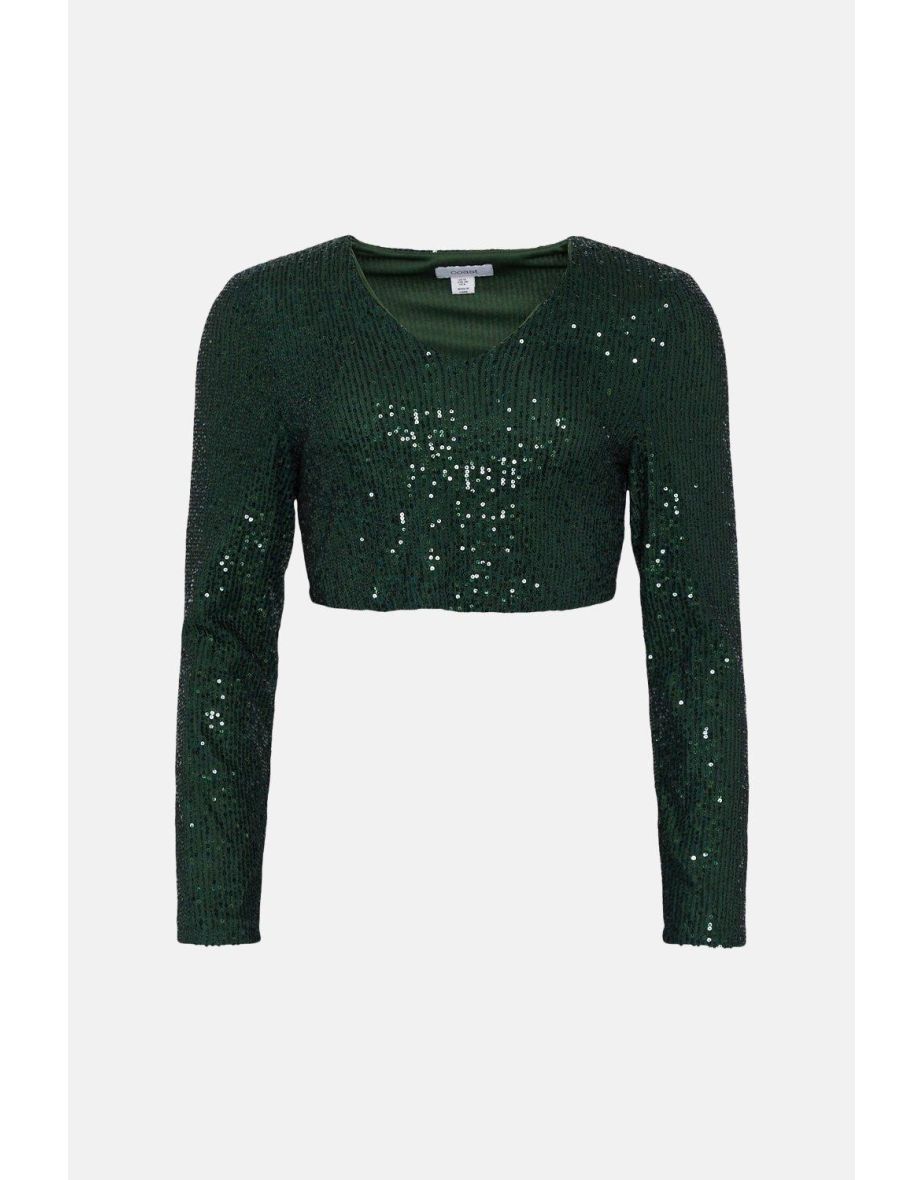 Sequin V Neck Long Sleeve Top - 3