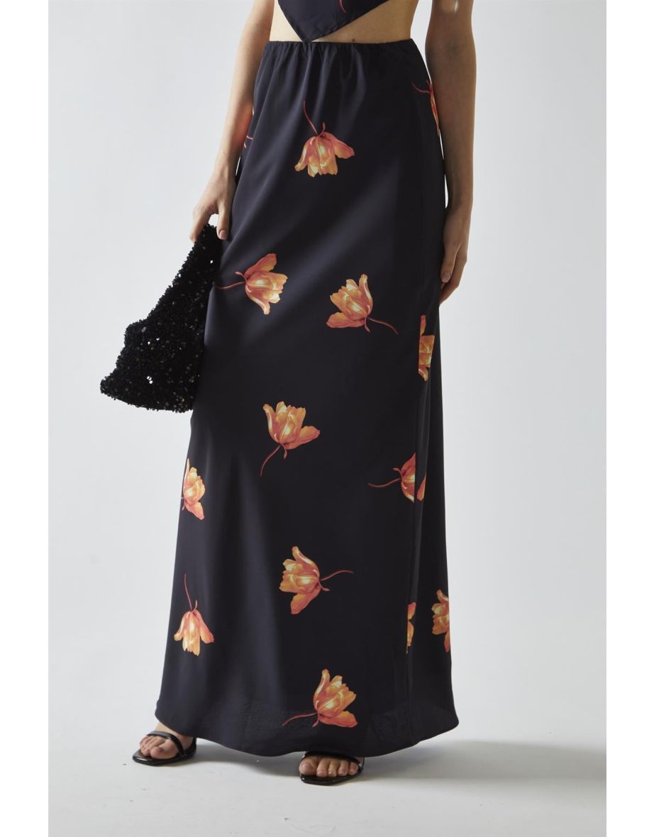 Black-Orange Flower Bias-Cut Floor Length-Skirt - 3