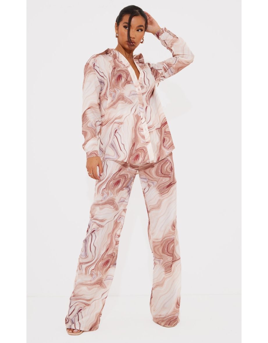 Brown Marble Print Wide Leg Trousers