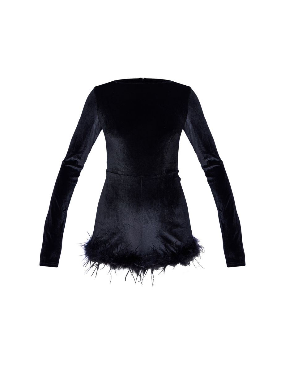 Black Velvet Long Sleeve Feather Trim Playsuit - 4