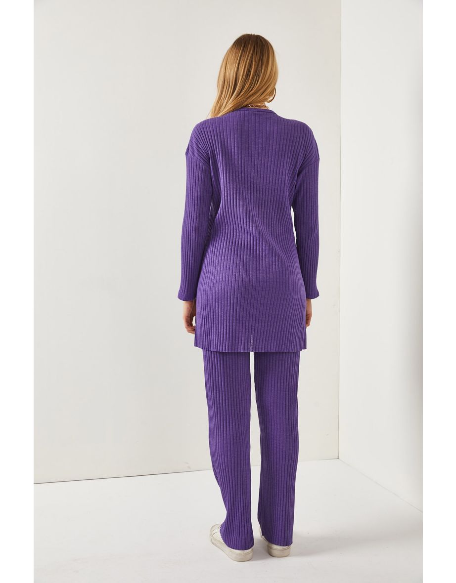 Women's Purple Top Slit Blouse Bottom Palazzo Corduroy Suit - 4