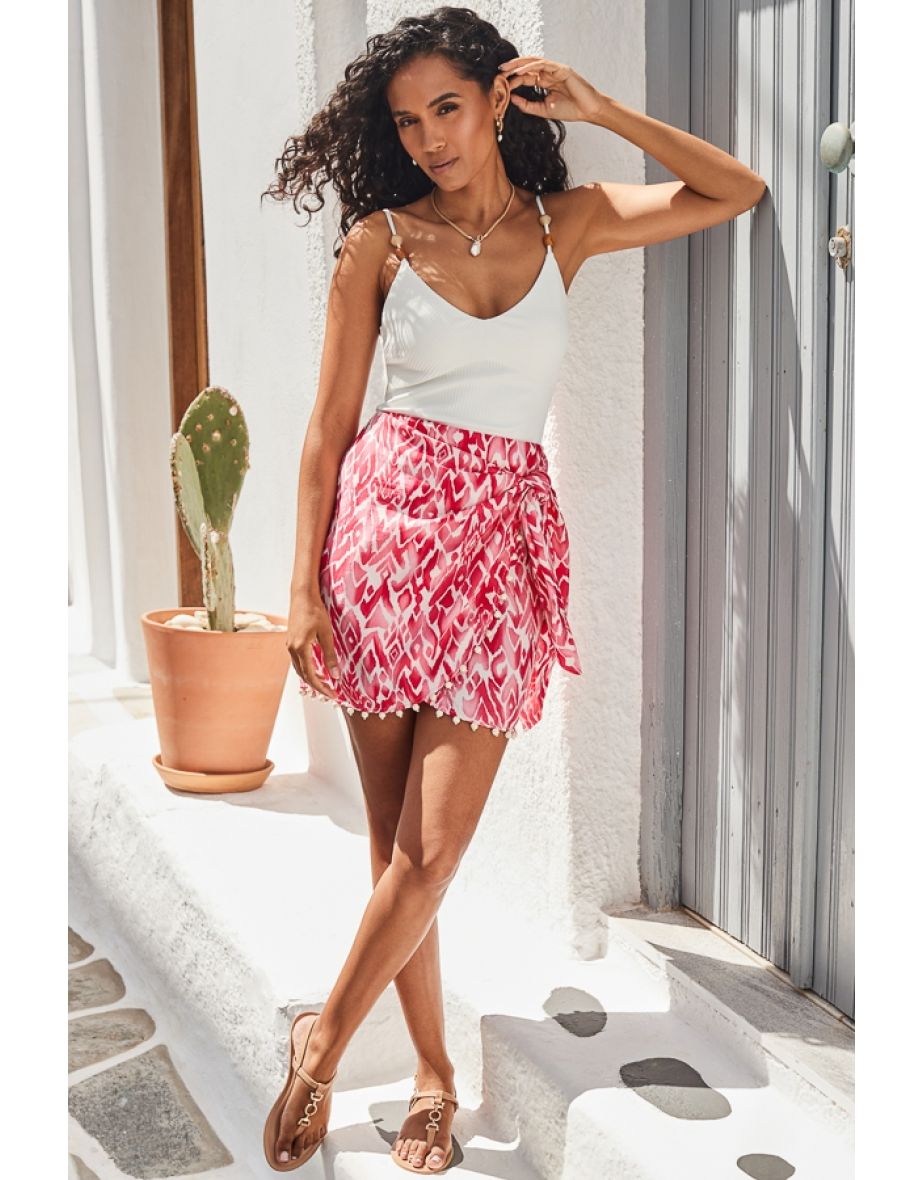 Pink Aztec Print Beaded Trim Wrap Skirt