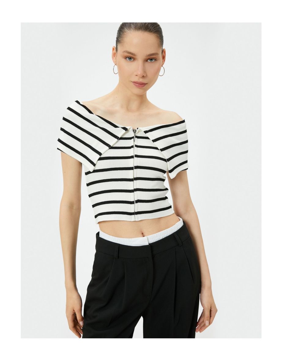 Zippered Off Shoulder T-Shirt with Floor Detail Short Sleeve Viscose Fabric Slim Fit