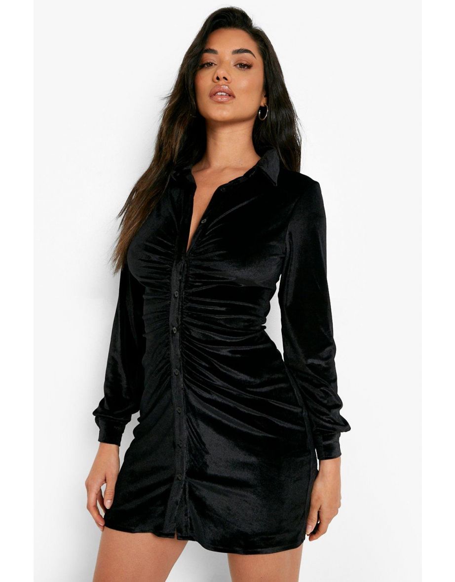 Velvet Ruched Detail Shirt Dress - black