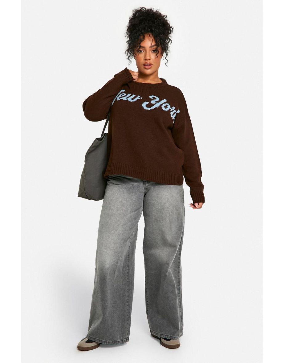 Plus New York Script Oversized Knitted Jumper - chocolate