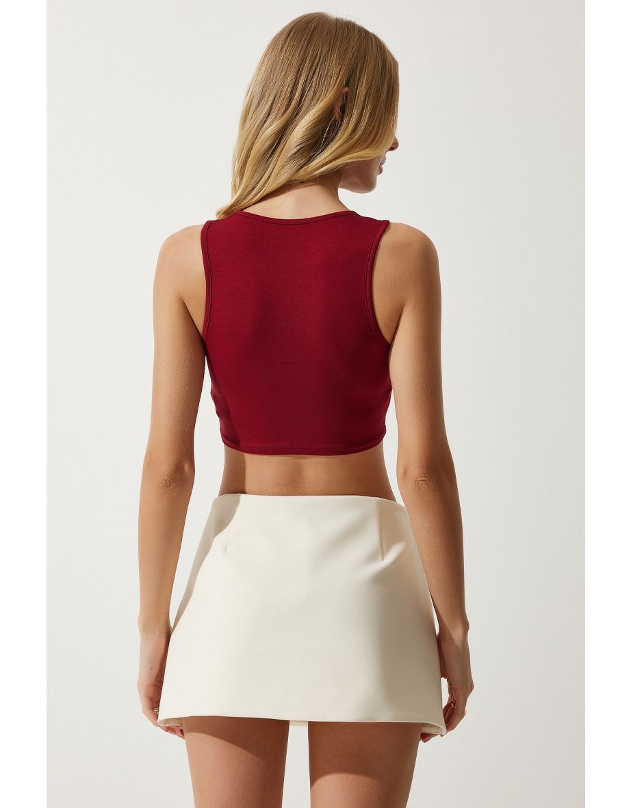 Women's Burgundy Halter Neck Crop Knitted Blouse - 5