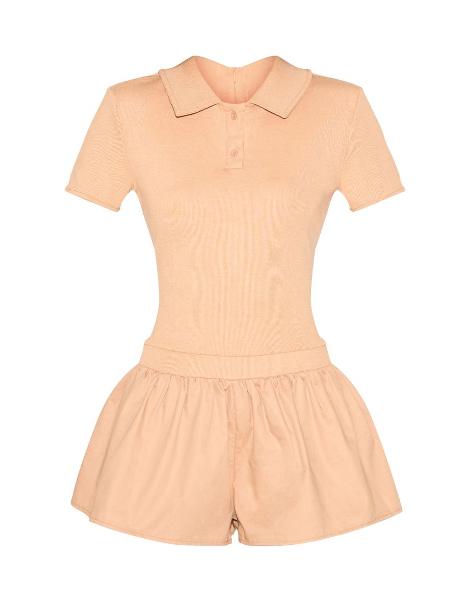 Sand Rib Polo Collar Detail Skort Playsuit - 4