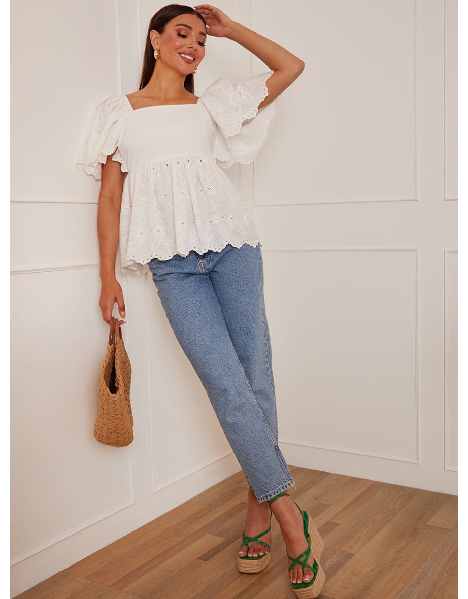 Short Sleeve Broderie Anglaise Peplum Top in White - 4