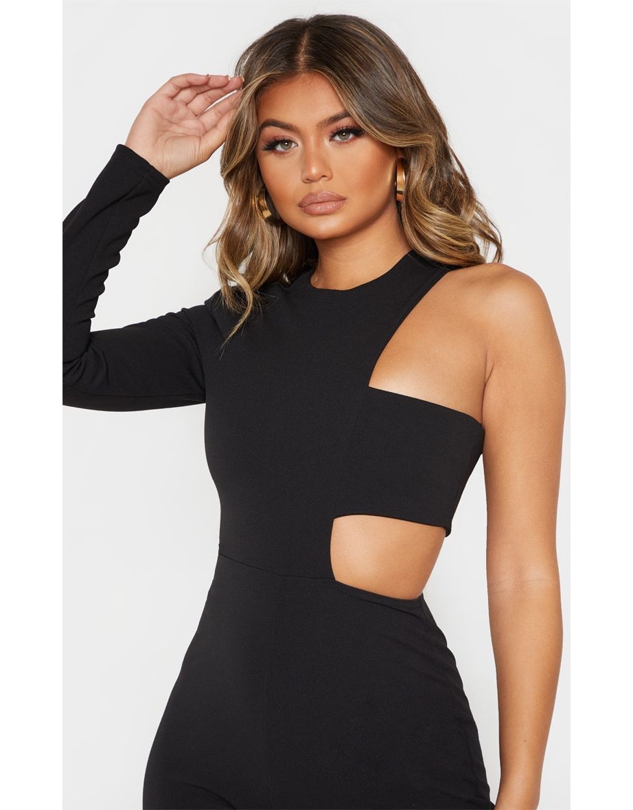 Black One Shoulder Flare Leg Jumpsuit - 4