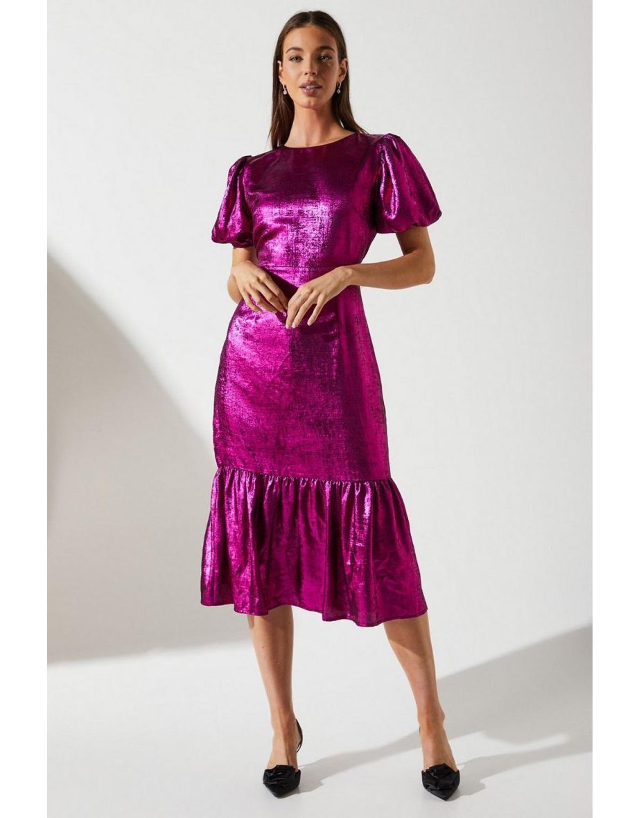 Puff Sleeve Flute Hem Metallic Midi Dress