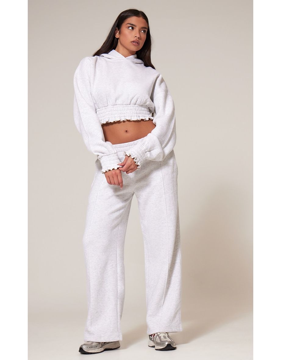 Grey Marl Frill Hem Cropped Hoodie
