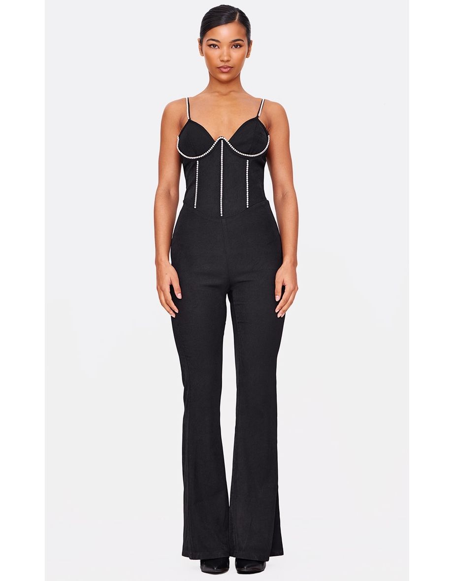 Black Diamante Corset Detail Flared Strappy Jumpsuit