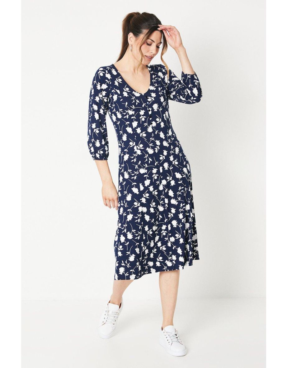 Printed Ve Long Sleeve Tea Dress