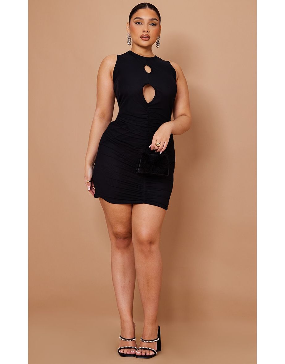 Plus Black Cut Out Ruched Mesh Bodycon Dress