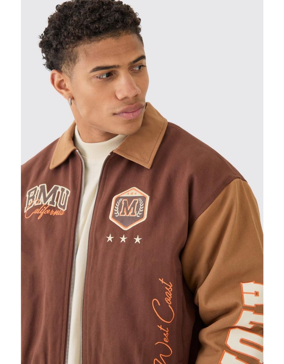 Boxy Collared Twill Varsity Bomber Jacket In Brown - 2